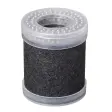 Lille rundt filterelement med sort fibermateriale udvendigt og gennemsigtige plastender med hul i midten
