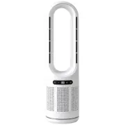 Høj hvid tårnventilator uden vinger med ovalt hul foroven, digitalt display og perforeret underdel