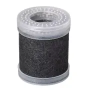 Lille rundt filterelement med sort fibermateriale udvendigt og gennemsigtige plastender med hul i midten