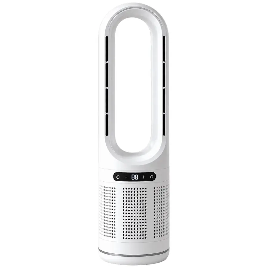 Høj hvid tårnventilator uden vinger med ovalt hul foroven, digitalt display og perforeret underdel